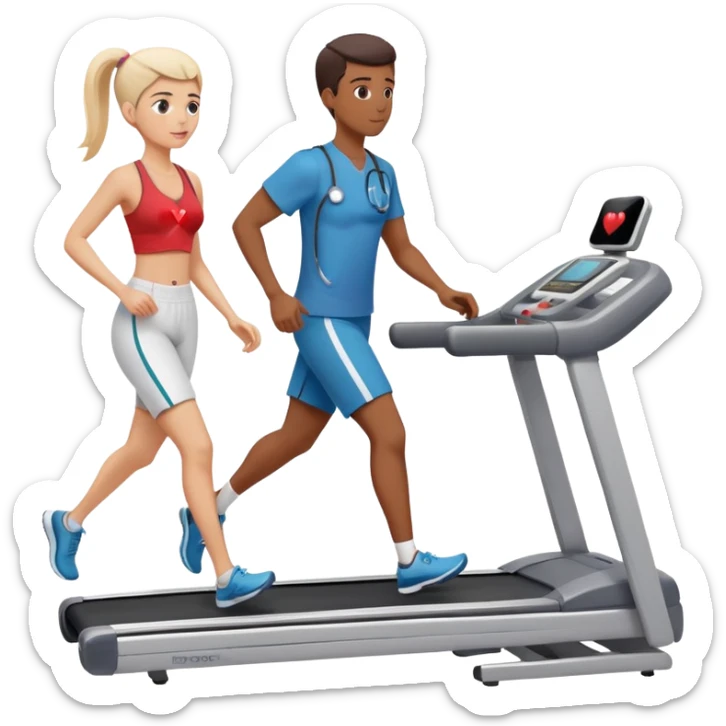 patient on a treadmill with heart monitor and a doctor supervising, representing a stress test sticker