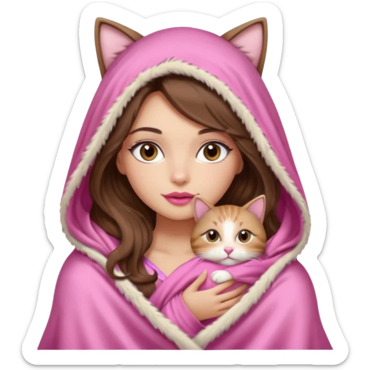 girl with long wavy brown hair, brown eyes, long lashes makeup, sexy pink lips, light to medium complexion, wearing a pink sexy silk top, big blanket over the head cozy holding a cat, no cat earn on the hood sticker