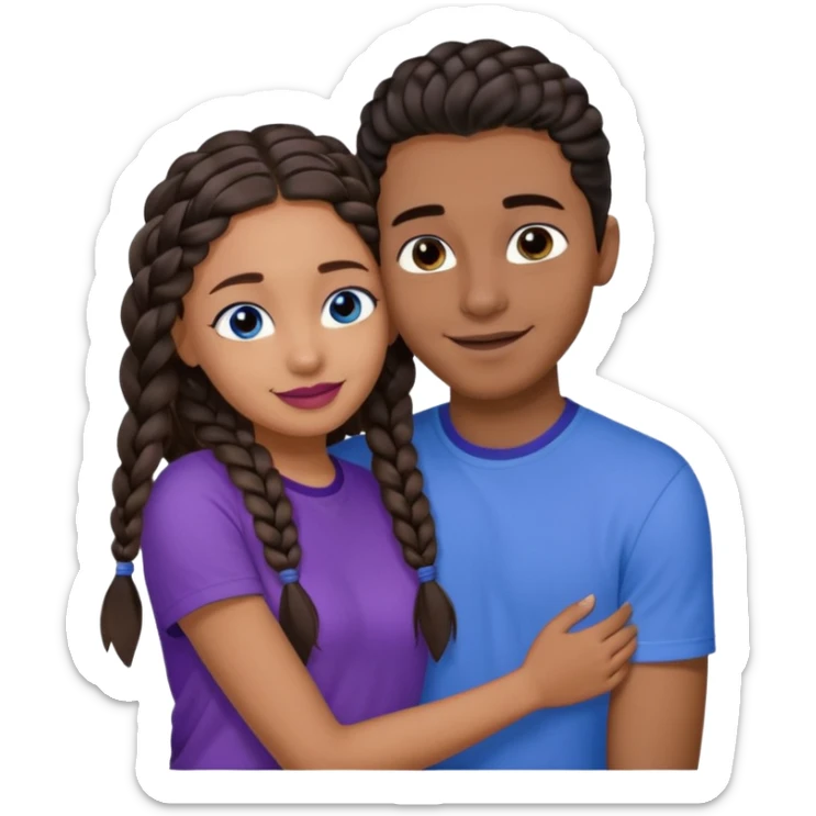 Boyfriend who is very tan olive skinned with blue eyes and wavy straight brown hair in a blue shirt and his girlfriend who is very dark skinned, juicy lipped with black braided hair and the two are hugging and smiling hugely she’s wearing purple and she has black eyes sticker