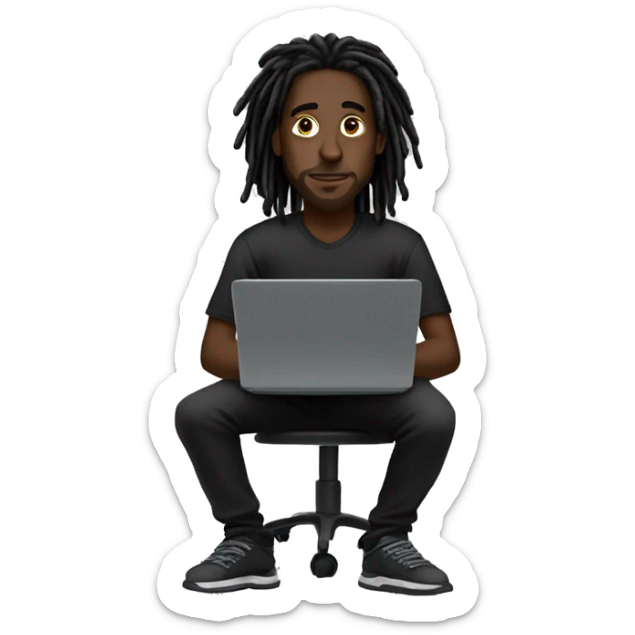 Black-guy-with-dreads-wearing-black-trackstuit-sitting-down-on-chair facing-foward-focused-on-laptop-computer- sticker