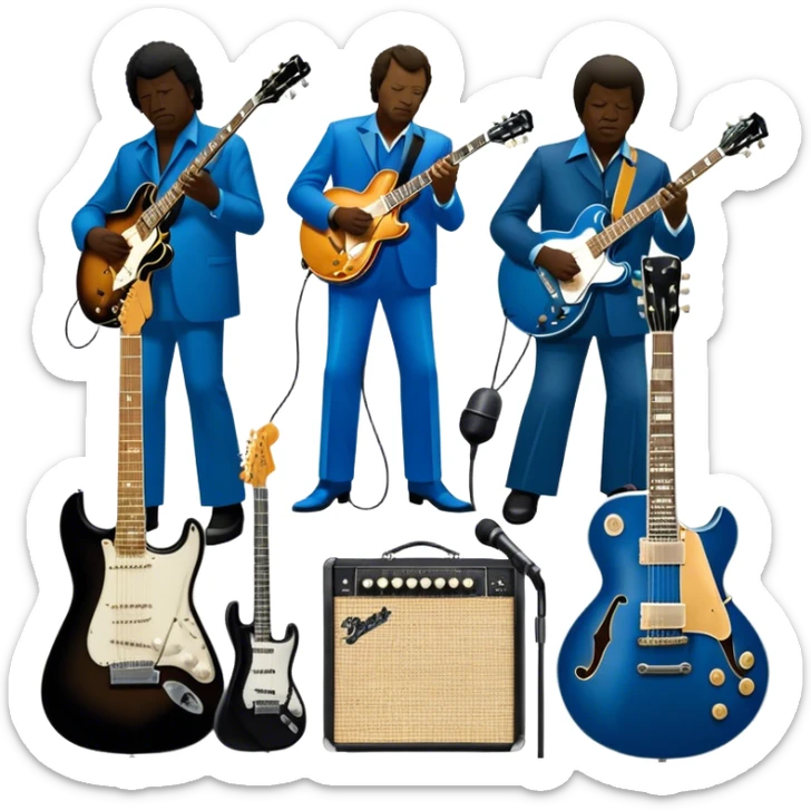 Icon for Blues Music: close-up collage of legendary blues artists. Gary Moore, Eric Clapton, B.B. King and Joe Cocker. Represented by silhouettes or symbolic items like guitars, microphones, or music notes, reflecting the soulful energy of blues music. Transparent background. sticker