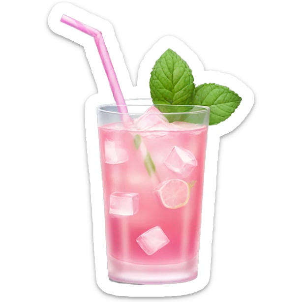 glass of pink lemonade with ice cubes, mint leaves, and a striped pink straw sticker