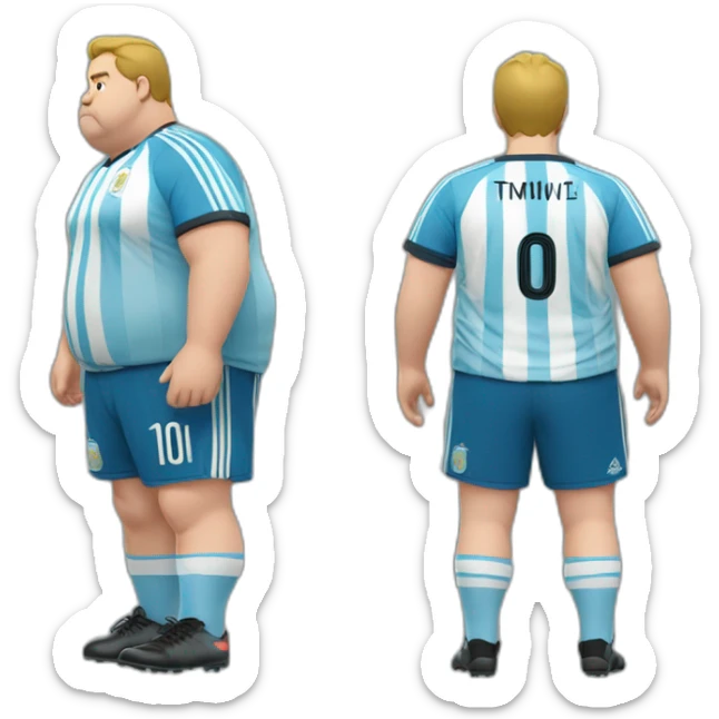 fat obese man. short hair. Argentina soccer shirt. play soccer sticker