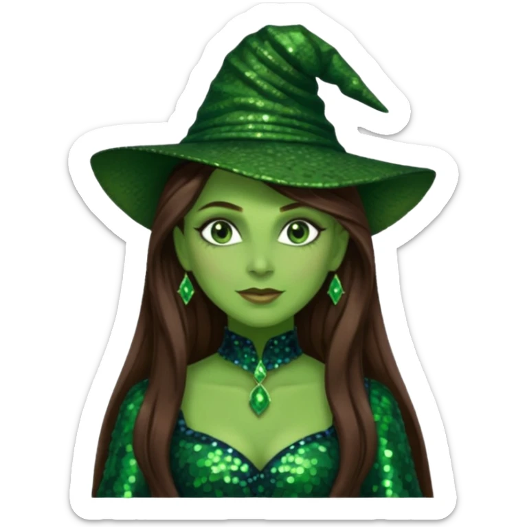 Elphaba from The Wizard of Oz with long brown hair, dark green sequin outfit, green skin sticker