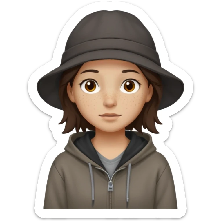 Hobo tomboy with light skin, freckles, shoulder-length center-parted dark brown hair. brown eyes, dark brown hoodie, grey shirt. Black flat brimmed hat sticker