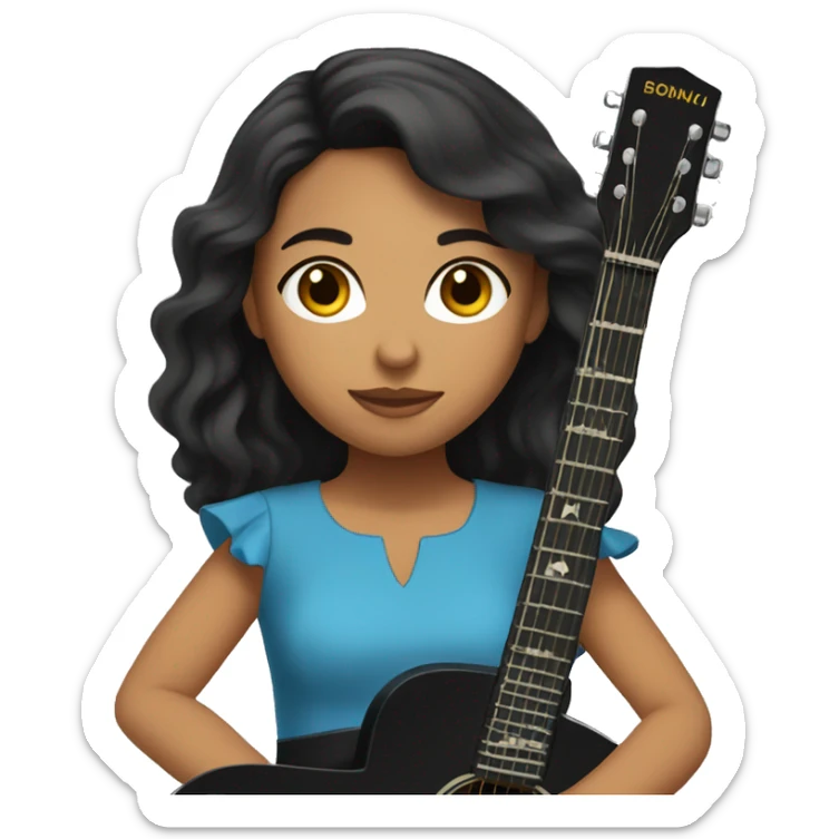 A latin girl, long dark hair, brown eyes, with a blue dress, playing guitar. sticker