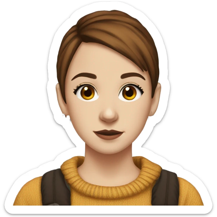 a girl in the 11th grade with short brown hair, a paramore sweater, hoop earings, brown eyes sticker