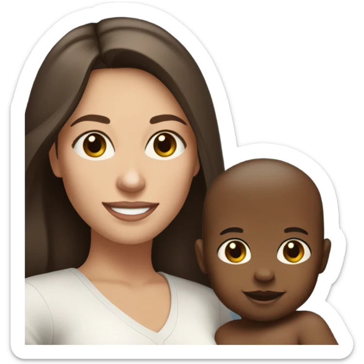 white woman, with straight long mid hair, dark brown hair, blue eyes, round face, uni-lips. holding her baby boy, one year old, brown skin, bit of hair straight brown smiling sticker