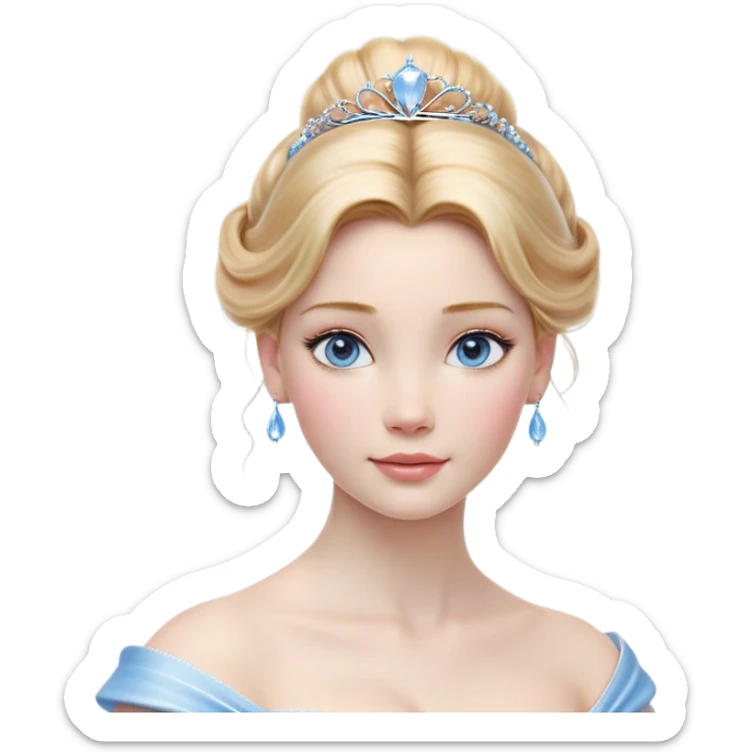 Cinematic Realistic Cinderella Portrait, depicted with lifelike skin texture, subtle rosy undertones, and soft natural lighting that enhances the gentle contours of her face. Her intricately detailed golden blonde hair is elegantly styled in an updo, with delicate wisps framing her face. Her deep, expressive blue eyes radiate warmth and sincerity, reflecting a quiet resilience and grace. She holds a glass slipper gently in one hand, her other hand resting gracefully at her side, emphasizing the timeless beauty of the moment. She is dressed in her iconic ball gown, the fabric shimmering with intricate embroidery and fine translucent layers that catch the light beautifully. The soft sheen of satin gloves adds a magical touch to her graceful pose. The portrait features an enchanting glow with a natural, luminous finish, seamlessly blending realism and fairytale charm to evoke a sense of depth, elegance, and timeless beauty. sticker