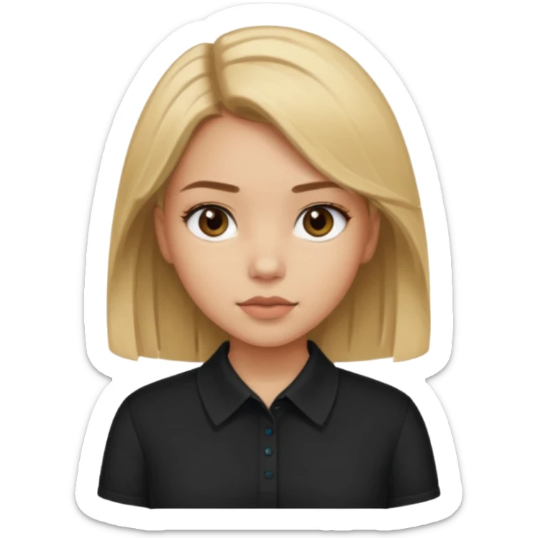 Light skinned girl with dirty blonde hair and deep brown eyes and a black square collared shirt sticker