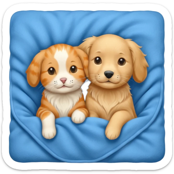 An Orange cat and an English cream retriever dog in a blue blanket  sticker