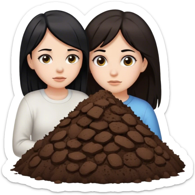 White mother black hair and white daughter brown hair standing beside a pile of poo sticker
