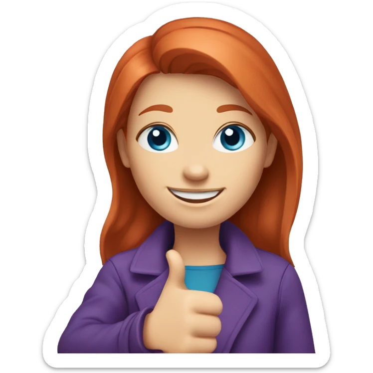 create an avatar of a smiling redhead girl, blue eyes, with a purple coat, giving a thumbs up sticker