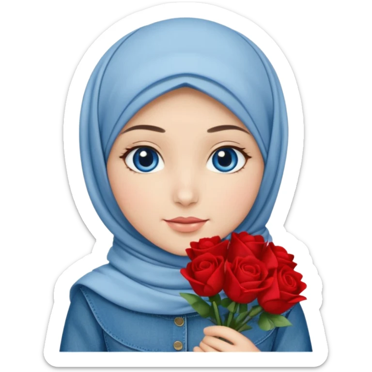 Turkish beautiful finish Konya girl blue eyes with denim bow hijab islamic dress and had on her hand red bouquet  sticker