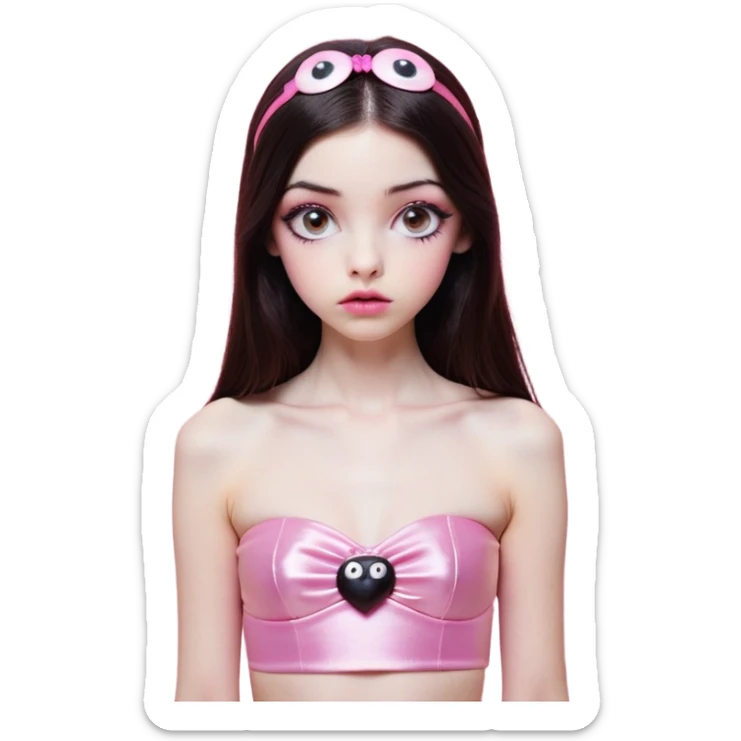 girl with white skin, dark brown long straight hair falling in front of her body, pouty shiny lips without cupid's bow, shiny large eyes with black eyeballs and long eyelashes, lighter button nose, very long oval-shaped face, wearing a pink bandeau top with straight neckline, looking directly at camera with hands down at sides sticker