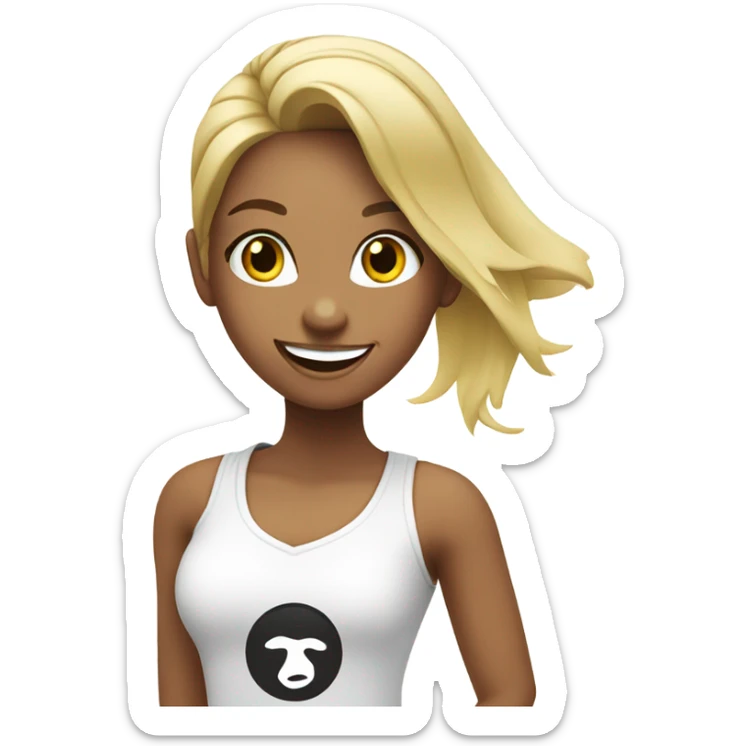 Blond girl smiling in with Zumba logo on white t-shirt sticker