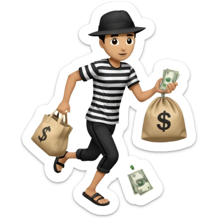 Make a man wear a black pant and he shirt is balck line and white line and wear a black hat and he holding a money bag and he running he wear a black eye thing no money in the Left hand and he yellow and the money bag in the right he wear a flip flop like this is Money bag 💰 NO MONEY sticker