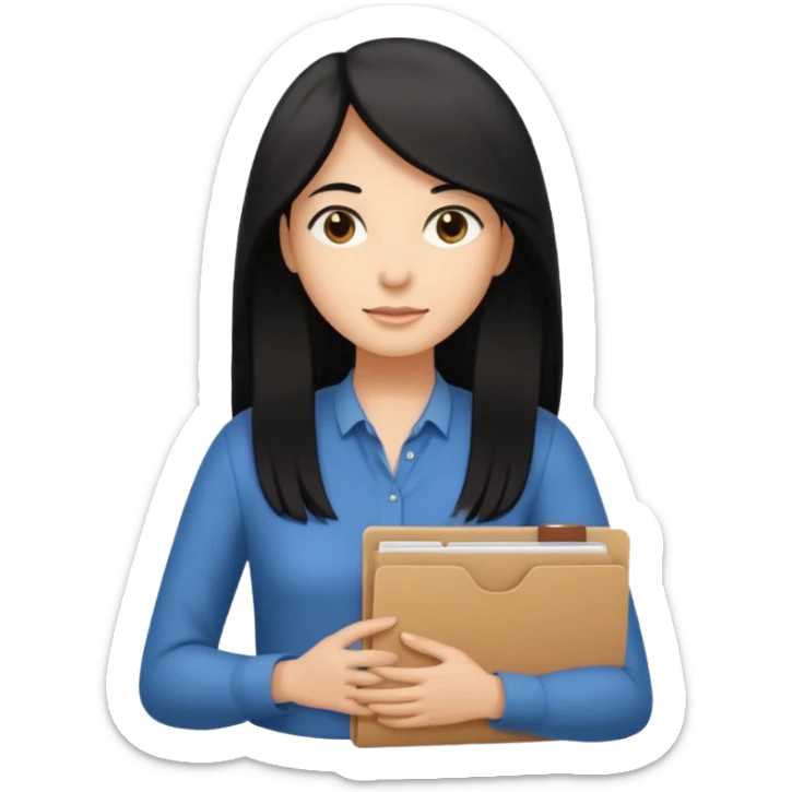 a light tan woman with long black hair past mid-back, round brown eyes and manila folder in her hands sticker