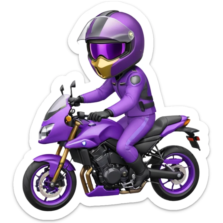 Créer un emoji avec une moto mt07 sport noir mate / violet iridescent très foncé, pare-brise de la moto violet. Avec une pilote dessus, visage masqué par la visière violette . Avec en arrière plan cercle violet. sticker