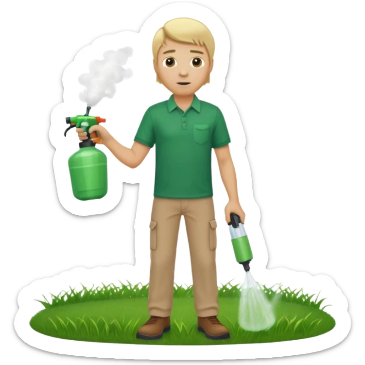 man blonde hair and no hat with a emerald green shirt and tan pants on carrying chemical sprayer and pointing it downwards to spray at bright green grass sticker