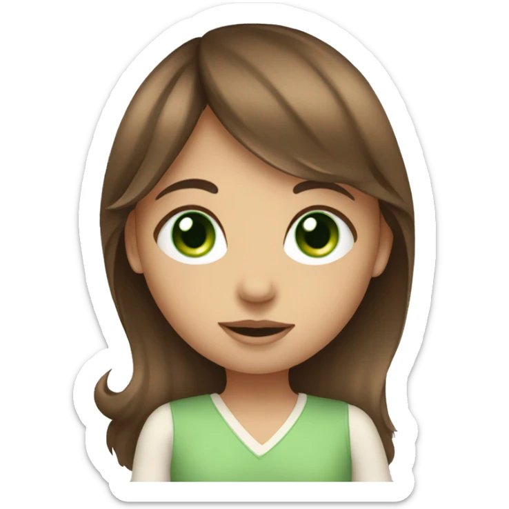 girl with long brown hair with bangs and green eyes holding baby sticker