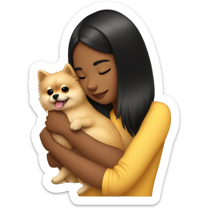 Girl hugging pomeranian. The girl has black hair. sticker