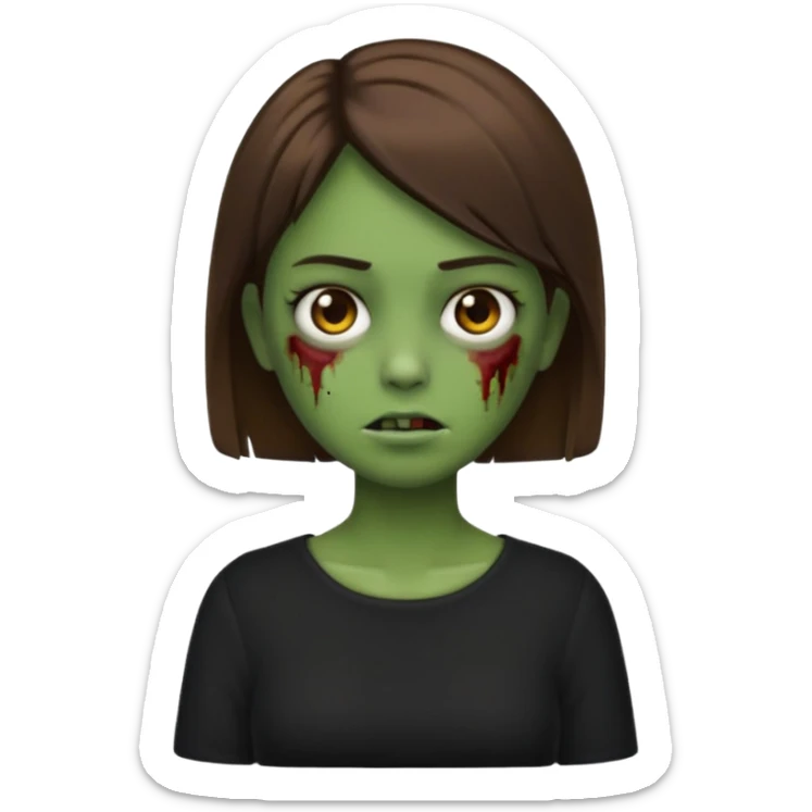 Zombie girl emoji verde um pouco escuro com cabelo curto liso castanho no ombro com uma blusa preta sticker