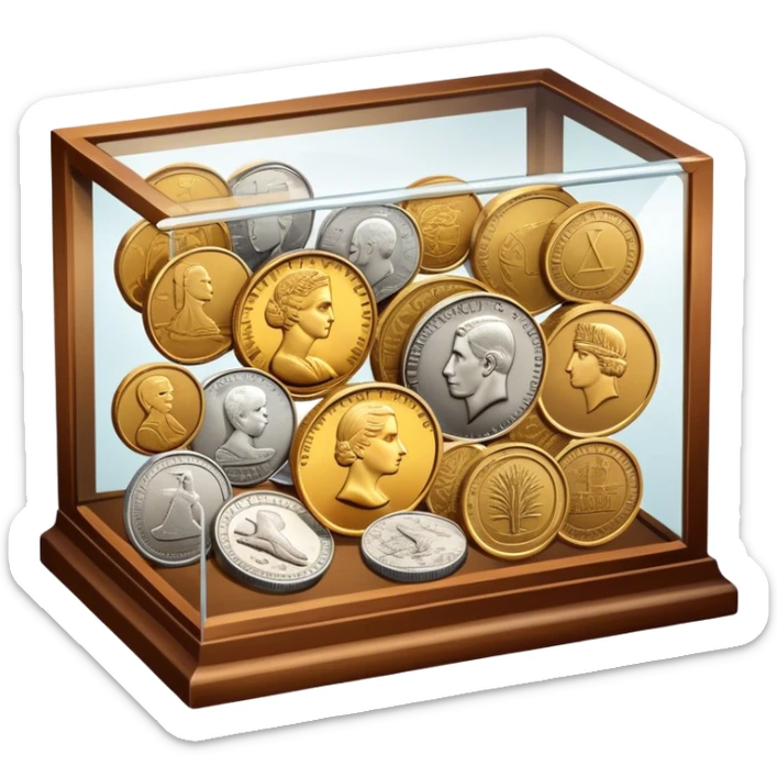 Icon for Coin Collecting: a collection of different vintage and modern coins of various forms and size, neatly arranged in a display case or on a table. The icon should highlight the diversity and historical value of coin collecting. Transparent background. sticker