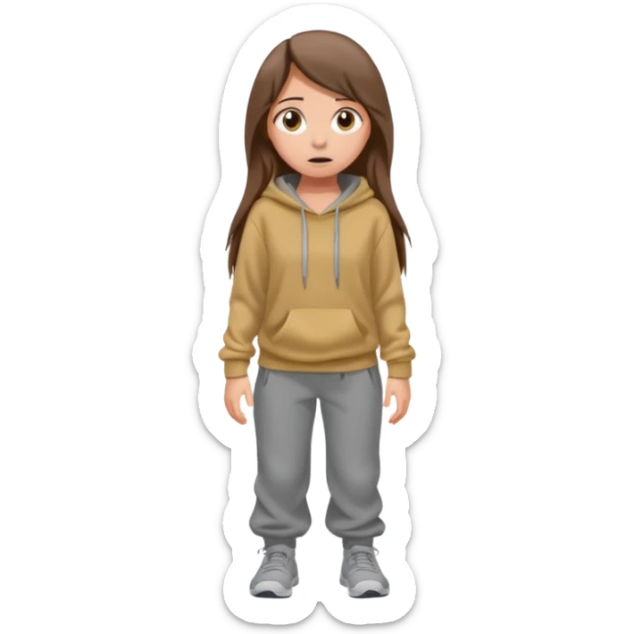 Chica grande  asustada de cuerpo completo mirado a la izquierda con pelo castaño largo y piel blanca  pantalones baggy  grises y hoodie gris  sticker