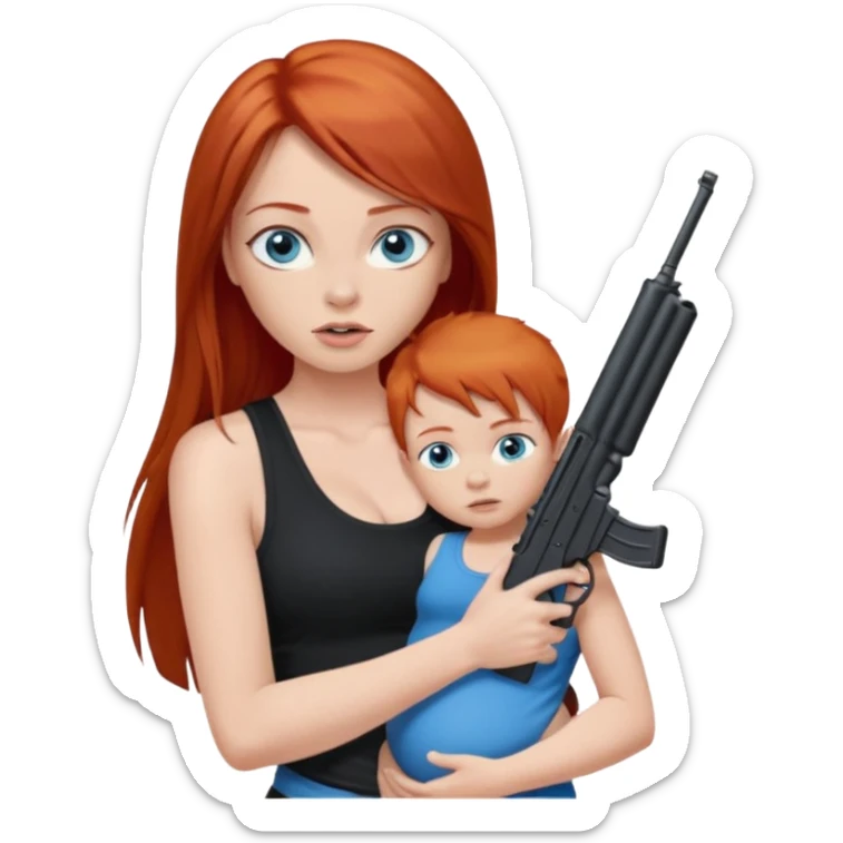 A red head with long straight hair, she has blue eyes with big boobs. She’s wearing a black tank top and holding a gun up in one hand and a baby boy with blue eyes sucking on one of her boobs in the other arm sticker