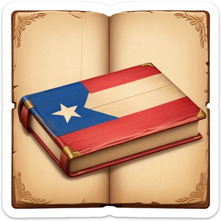 Elegant aged book with the Puerto Rican flag subtly embossed on the cover, carved wooden theater stage symbol, vintage textured cover with warm wood and parchment tones, slightly glowing, representing the eternal legacy of scenic design sticker