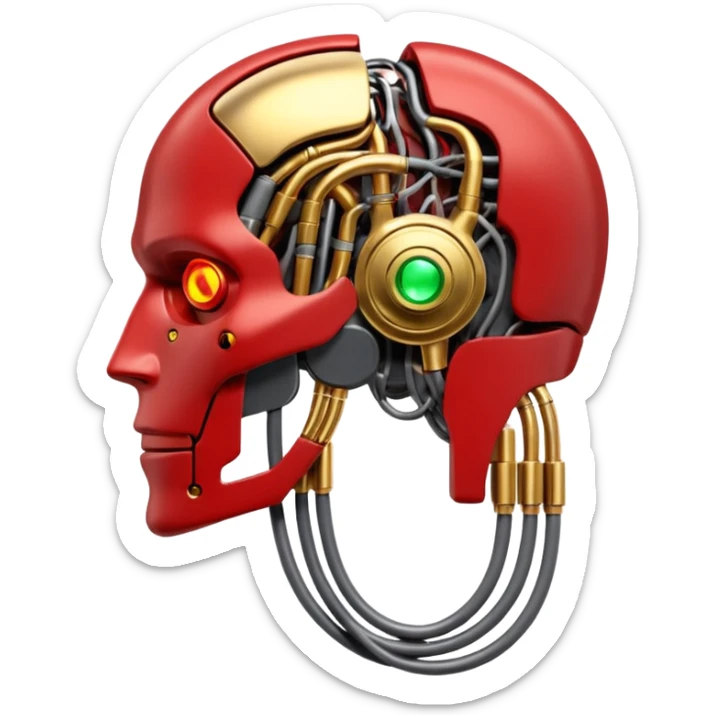 3D render of Neural Link, futuristic cyborg aesthetic, fusion of organic skin and chrome metal, gold brass valves mixed with red muscle tissue, exposed wiring, emoji style, isolated on white background --v 6.0. sticker