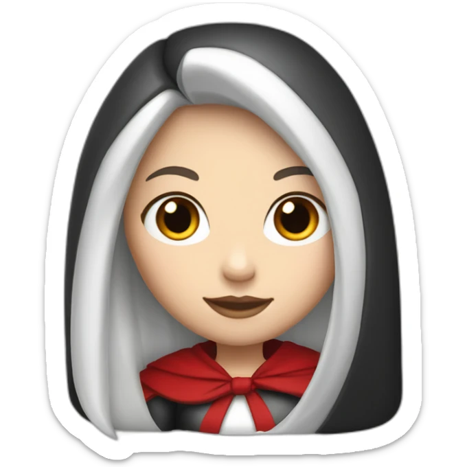 White girl long straight black hair with white streak hair and red ridding hood sticker