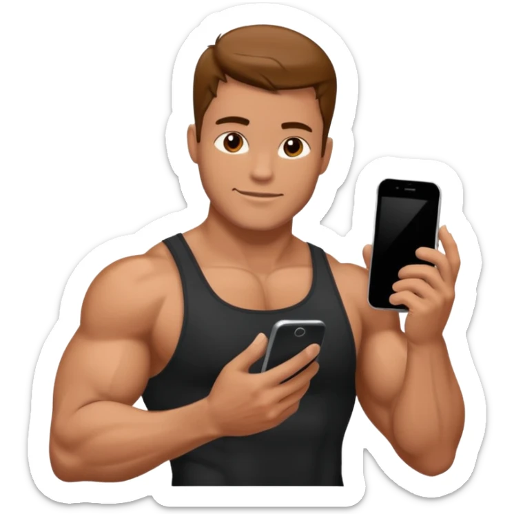 Mec musclé avec un téléphone dans les mains qui navigue sur so téléphone qui sourit sticker