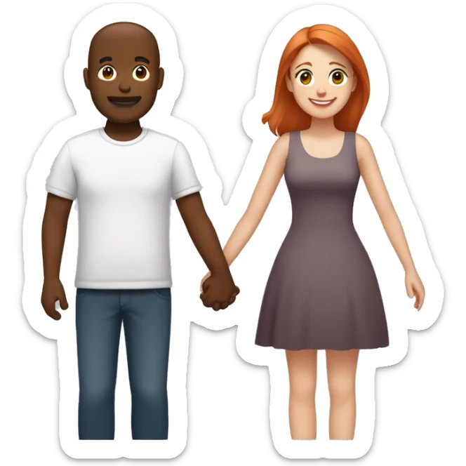 Emoji of a light-skinned red-haired woman and a medium-to-dark brown-skinned man holding hands. Both are smiling with minimalistic, emoji-style features from shoulders up, conveying a friendly, supportive bond. sticker