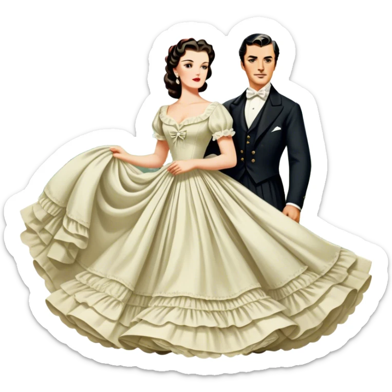 Icon for Romance Movie: A vintage movie poster-style design inspired by Gone with the Wind. Include romantic, sweeping imagery like Scarlett O'Hara in a flowing dress, Rhett Butler, a plantation backdrop, and fluttering wind-blown fabric. Soft, nostalgic cinematic feel. Transparent background. sticker
