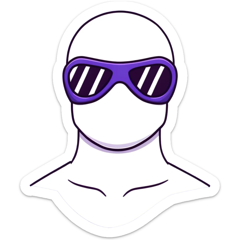 shirtless athletic man with white skin, wearing a purple balaclava face mask and purple sunglasses with black tinted lenses sticker