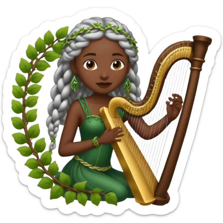forest emoji character, dark skin woman with silver braids playing harp made of vines sticker