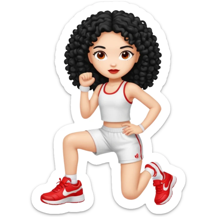 generate a pretty bratz fair skinned girl with curly black hair wearing a white gym set and excersing with red shoes on sticker