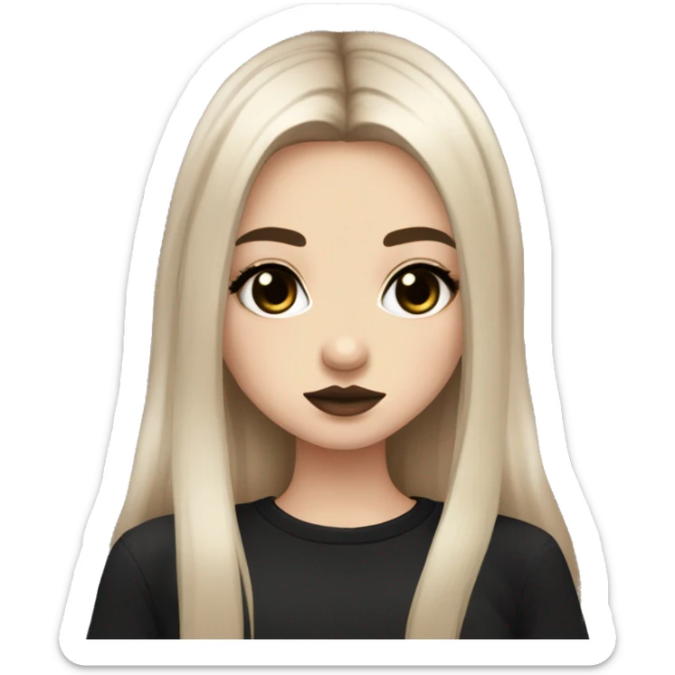 Slavic girl, goth eyes makeup, pink lips, brown eyes, long black-to-blonde ombre straight hair, black T-shirt, chibi. sticker