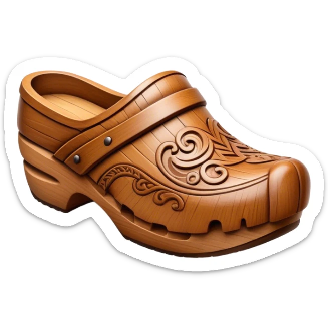 Cinematic Realistic Wooden Clogs Emoji, depicted as a pair of traditionally carved wooden clogs with intricate details and rustic charm. sticker