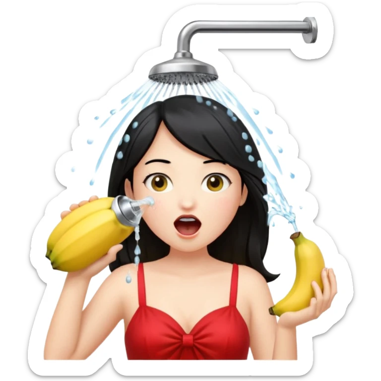 a girl with black hair and red dress with opened mouth drinking pale yellow water coming out from a shower looking like a banana above her head sticker