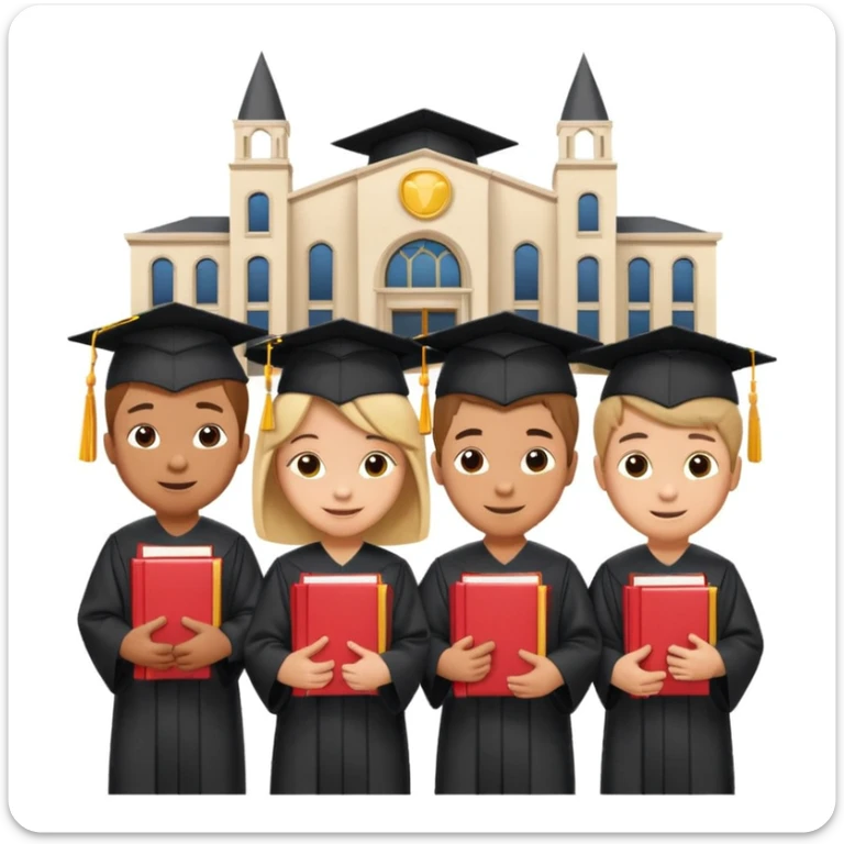 a group of cheerful kids with the text 'KIDZ BOP Kids', university building in the background, emoji style, representing university kids sticker