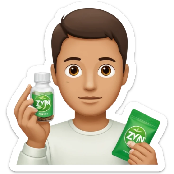 Man holding Zyn spearmint snus in palm and a white pouch in the other sticker