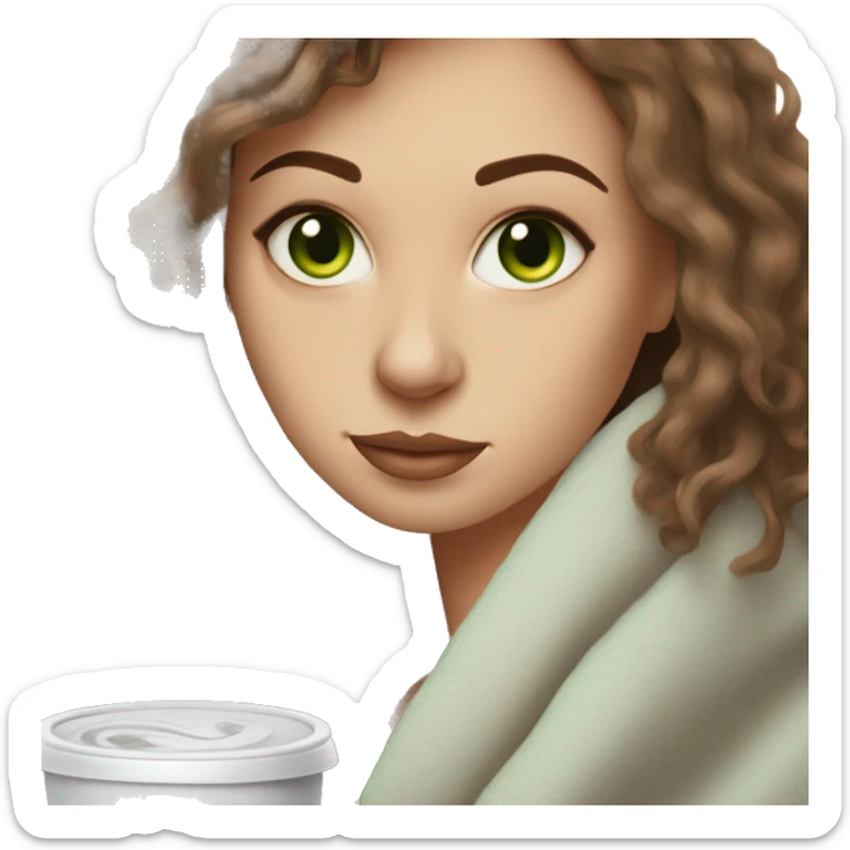 White Woman with light green eyes and brown hair and septum piercing cozy with a blanket drinking iced coffee sticker