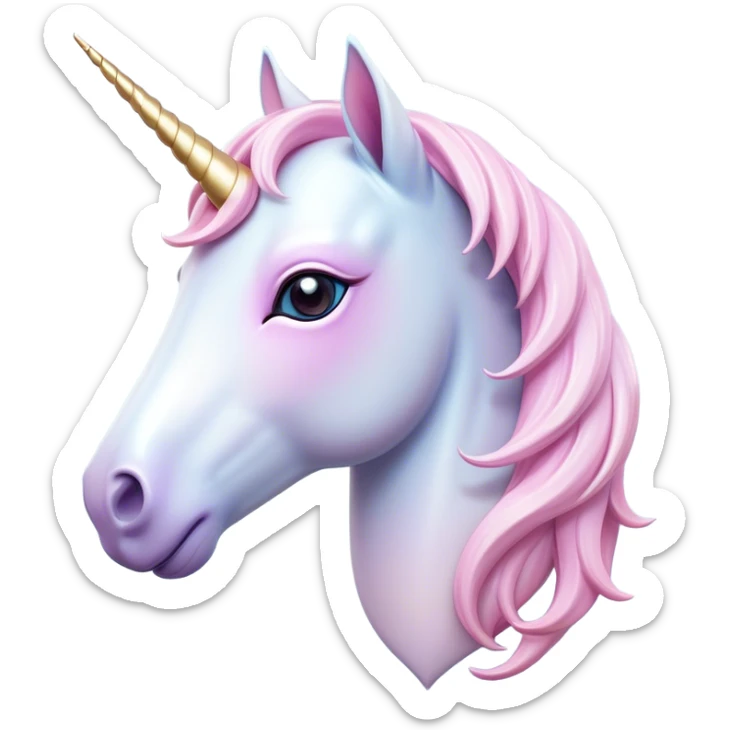 Cinematic Noble Unicorn Pony Portrait Emoji, Poised and graceful, with a delicate, miniature equine build adorned with a soft, pastel color, a tiny, shimmering horn and a silky mane that hints at magical charm, Simplified yet sharp and sophisticated features, highly detailed, glowing with a soft, enchanted glow, high shine, intelligent and spirited, stylized with an air of fairy-tale elegance, focused and poised, soft glowing outline, capturing the essence of a watchful and confident unicorn pony that appears ready to trot out of the screen with graceful magic! sticker