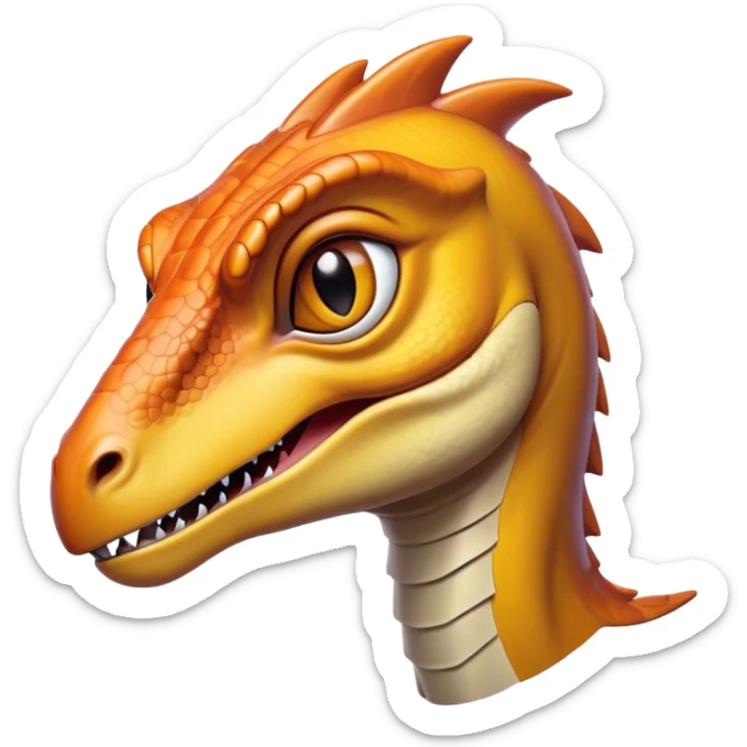 Cinematic Noble Velociraptor Portrait Emoji, Poised and agile, with a slender, streamlined build, sharp, cunning eyes, and a sleek snout hinting at predatory precision, Simplified yet sharply defined features, highly detailed, glowing with a cool, dynamic radiance, high shine, intelligent and swift, stylized with an air of agile prehistoric grace, focused and alert, soft glowing outline, capturing the essence of a watchful and confident Velociraptor that appears ready to dash out of the screen with effortless speed! sticker