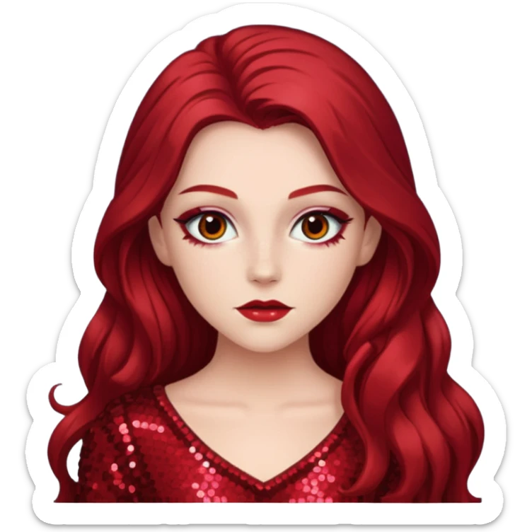 Chappell Roan (b.1998) with long dark red hair, red sequin outfit, makeup sticker