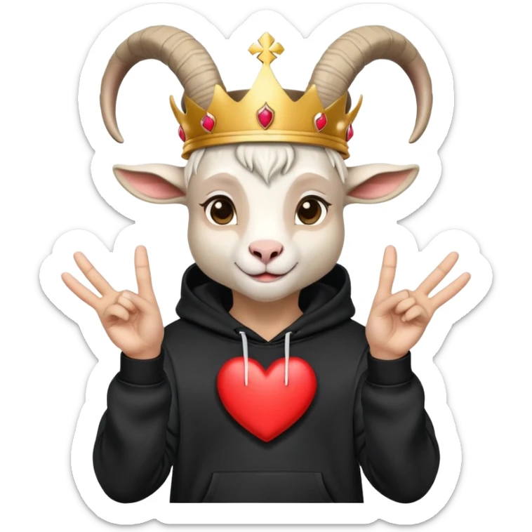 Goat with horns wearing black hoodie and a royal crown do the heart hands sign sticker