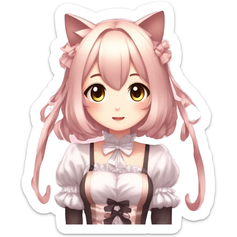 Gorgeous anime style catgirl with blushing face with maid outfit laces idol model kawaiicore pearly petite simplistic aesthetic trending style sticker